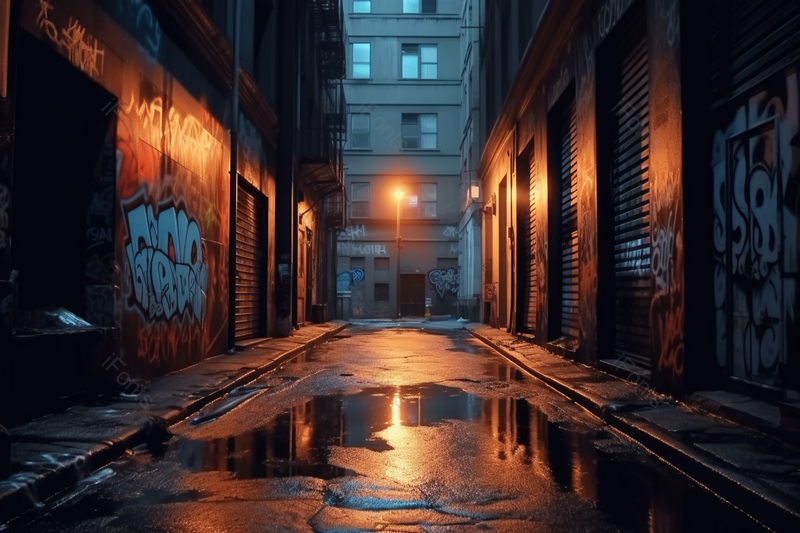 夜晚被涂鸦的建筑卷帘门巷子,高清,摄影图,摄影图片,图片大全,摄影图免费下载